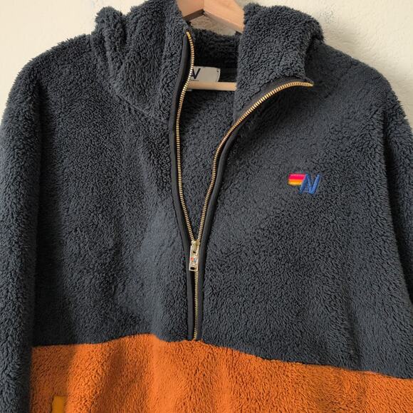 Aviator Nation Teddy Unisex Hooded Half Zip Color Block Jacket Brown Medium - Picture 6 of 7